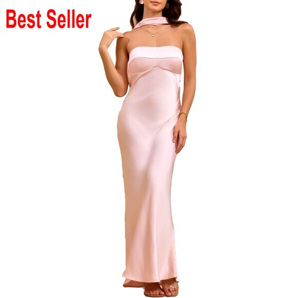 Satin Strapless Maxi Dress Elegant Backless Halter Formal Party Wedding Guest